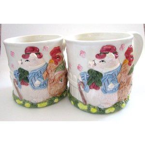 Fitz & Floyd Pig & Chicken Mugs (2) - Fitz & Floyd 1987 Bacon Eggs Pig Chick VTG